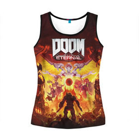 Женская майка 3D с принтом DOOM Eternal в городе Новоалтайск, 100% полиэстер | круглая горловина, прямой силуэт, длина до линии бедра | Тематика изображения на принте: 2019 | bethesda | demon | doom | eternal | ethernal | game | games | logo | monster | runes | демон | дум | дуум | етернал | игра | игры | какодемон | кровь | лого | логотип | монстр | монстры | руны | символ | этернал