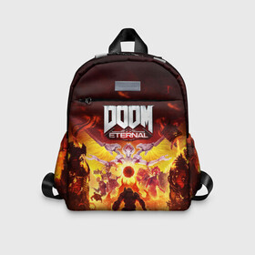 Детский рюкзак 3D с принтом DOOM Eternal в городе Новоалтайск, 100% полиэстер | лямки с регулируемой длиной, сверху петелька, чтобы рюкзак можно было повесить на вешалку. Основное отделение закрывается на молнию, как и внешний карман. Внутри дополнительный карман. По бокам два дополнительных кармашка | Тематика изображения на принте: 2019 | bethesda | demon | doom | eternal | ethernal | game | games | logo | monster | runes | демон | дум | дуум | етернал | игра | игры | какодемон | кровь | лого | логотип | монстр | монстры | руны | символ | этернал