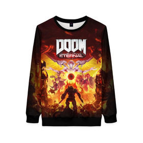 Женский свитшот 3D с принтом DOOM Eternal в городе Новоалтайск, 100% полиэстер с мягким внутренним слоем | круглый вырез горловины, мягкая резинка на манжетах и поясе, свободная посадка по фигуре | 2019 | bethesda | demon | doom | eternal | ethernal | game | games | logo | monster | runes | демон | дум | дуум | етернал | игра | игры | какодемон | кровь | лого | логотип | монстр | монстры | руны | символ | этернал