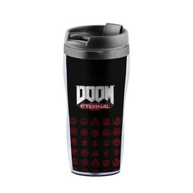 Термокружка-непроливайка с принтом DOOM Eternal в городе Новоалтайск, внутренняя часть — пищевой пластик, наружная часть — прозрачный пластик, между ними — полиграфическая вставка с рисунком | объем — 350 мл, герметичная крышка | 2019 | bethesda | demon | doom | eternal | ethernal | game | games | logo | monster | runes | демон | дум | дуум | етернал | игра | игры | какодемон | кровь | лого | логотип | монстр | монстры | руны | символ | этернал