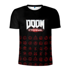Мужская футболка 3D спортивная с принтом DOOM Eternal в городе Новоалтайск, 100% полиэстер с улучшенными характеристиками | приталенный силуэт, круглая горловина, широкие плечи, сужается к линии бедра | Тематика изображения на принте: 2019 | bethesda | demon | doom | eternal | ethernal | game | games | logo | monster | runes | демон | дум | дуум | етернал | игра | игры | какодемон | кровь | лого | логотип | монстр | монстры | руны | символ | этернал