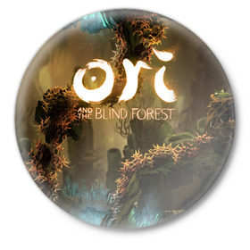 Значок с принтом Ori and the Blind Forest в городе Новоалтайск,  металл | круглая форма, металлическая застежка в виде булавки | Тематика изображения на принте: blind forest | ori | sein | белка | гумо | кошка | куро | лиса | нару | непроглядный лес | ори | платформер | птенец | сейн | сова