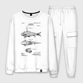 Мужской костюм хлопок с принтом Patent - Artificial bait в городе Новоалтайск, 100% хлопок | на свитшоте круглая горловина, мягкая резинка по низу. Брюки заужены к низу, на них два вида карманов: два “обычных” по бокам и два объемных, с клапанами, расположенные ниже линии бедра. Брюки с мягкой трикотажной резинкой на поясе и по низу штанин. В поясе для дополнительного комфорта — широкие завязки | patent | воблер | идея | история | крючок | патент | приманка | разработка | рыбак | рыбалка | туризм | удочка | чертеж | чертежи