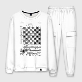 Мужской костюм хлопок с принтом Patent - Chess board в городе Новоалтайск, 100% хлопок | на свитшоте круглая горловина, мягкая резинка по низу. Брюки заужены к низу, на них два вида карманов: два “обычных” по бокам и два объемных, с клапанами, расположенные ниже линии бедра. Брюки с мягкой трикотажной резинкой на поясе и по низу штанин. В поясе для дополнительного комфорта — широкие завязки | chess | patent | игра | идея | история | логика | настолка | патент | разработка | чертеж | чертежи | шахматы | шашки