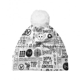 Шапка 3D c помпоном с принтом TWENTY ONE PILOTS в городе Новоалтайск, 100% полиэстер | универсальный размер, печать по всей поверхности изделия | 21 pilots | 21p | bandito | blurryface | chlorine | joshua | ned | top | trench | twenty one pilots | tyler | бандито | нэд | тренч