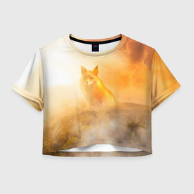 Женская футболка Crop-top 3D с принтом Лисичка в тумане в городе Новоалтайск, 100% полиэстер | круглая горловина, длина футболки до линии талии, рукава с отворотами | Тематика изображения на принте: animals | forest | fox | арт | животное | лес | лиса | лисичка | облака | рисунок | рыжая лиса | туман