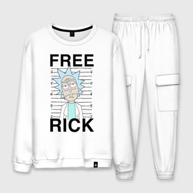 Мужской костюм хлопок с принтом Free Rick в городе Новоалтайск, 100% хлопок | на свитшоте круглая горловина, мягкая резинка по низу. Брюки заужены к низу, на них два вида карманов: два “обычных” по бокам и два объемных, с клапанами, расположенные ниже линии бедра. Брюки с мягкой трикотажной резинкой на поясе и по низу штанин. В поясе для дополнительного комфорта — широкие завязки | c 137 | morty | morty smith | portal | rick | rick and morty | rick sanchez | sanchez | smith | морти | морти смит | портал | рик | рик и морти | рик санчез | санчез | смит