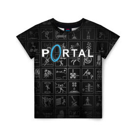 Детская футболка 3D с принтом Portal icons в городе Новоалтайск, 100% гипоаллергенный полиэфир | прямой крой, круглый вырез горловины, длина до линии бедер, чуть спущенное плечо, ткань немного тянется | Тематика изображения на принте: half life | головоломка | иконки | пиктограммы | портал | телепорт