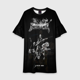 Детское платье 3D с принтом Metallica в городе Новоалтайск, 100% полиэстер | прямой силуэт, чуть расширенный к низу. Круглая горловина, на рукавах — воланы | Тематика изображения на принте: metalica | metallica | группа | джеймс хэтфилд | кирк хэмметт | ларс ульрих | метал | металика | металлика | миталика | музыка | роберт трухильо | рок | трэш | трэшметал | хард | хеви