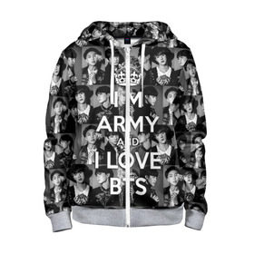 Детская толстовка 3D на молнии с принтом I am army and I lover BTS в городе Новоалтайск, 100% полиэстер |  манжеты и пояс оформлены широкой мягкой резинкой, двухслойный капюшон со шнурком для регулировки, спереди карманы и застежка-молния
 | bangtan boys | beyond the scene | boyband | boys | bts | chin | chonguk | collage | crown | edm | flowers | hip hop | jimin | jj hope | k pop | photo | r  b | rm | south korean | suga | wee | бойбенд | ви | джей хоуп | коллаж | корона | мальчики | с