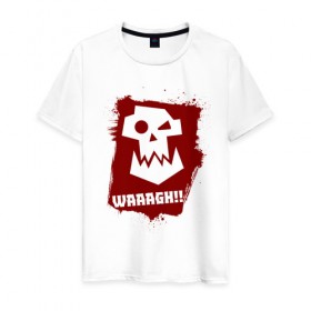 Мужская футболка хлопок с принтом WAAAGH!! в городе Новоалтайск, 100% хлопок | прямой крой, круглый вырез горловины, длина до линии бедер, слегка спущенное плечо. | 40000 | 40k | game | ork | orks | waaagh | warhammer | warhammer 40k | wh40k | игра | орки
