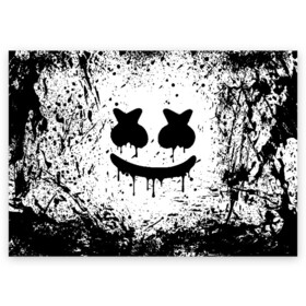 Поздравительная открытка с принтом MARSHMELLO MELT | МАРШМЕЛЛО в городе Новоалтайск, 100% бумага | плотность бумаги 280 г/м2, матовая, на обратной стороне линовка и место для марки
 | america | dj | marshmello | usa | америка | брызги | краски | маршмелло