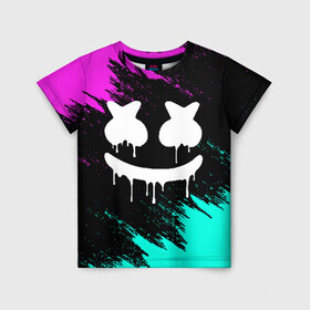 Детская футболка 3D с принтом MARSHMELLO MELT в городе Новоалтайск, 100% гипоаллергенный полиэфир | прямой крой, круглый вырез горловины, длина до линии бедер, чуть спущенное плечо, ткань немного тянется | america | dj | marshmello | usa | америка | брызги | краски | маршмелло