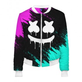 Женский бомбер 3D с принтом MARSHMELLO MELT в городе Новоалтайск, 100% полиэстер | застегивается на молнию, по бокам два кармана без застежек, мягкие манжеты, по низу бомбера и на воротнике — эластичная резинка | america | dj | marshmello | usa | америка | брызги | краски | маршмелло