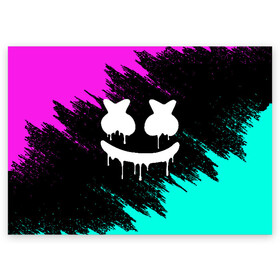 Поздравительная открытка с принтом MARSHMELLO MELT  МАРШМЕЛЛО НЕОН в городе Новоалтайск, 100% бумага | плотность бумаги 280 г/м2, матовая, на обратной стороне линовка и место для марки
 | america | dj | marshmello | usa | америка | брызги | краски | маршмелло