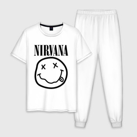 Мужская пижама хлопок с принтом NIRVANA в городе Новоалтайск, 100% хлопок | брюки и футболка прямого кроя, без карманов, на брюках мягкая резинка на поясе и по низу штанин
 | nirvana | smile | курт кобейн | нирвана | смайл