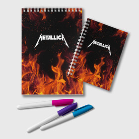 Блокнот с принтом METALLICA (НА СПИНЕ) в городе Новоалтайск, 100% бумага | 48 листов, плотность листов — 60 г/м2, плотность картонной обложки — 250 г/м2. Листы скреплены удобной пружинной спиралью. Цвет линий — светло-серый
 | Тематика изображения на принте: fire | flame | metallica | металлика | огонь | пламя