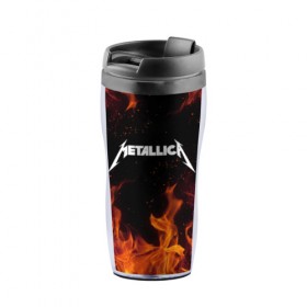 Термокружка-непроливайка с принтом METALLICA (НА СПИНЕ) в городе Новоалтайск, внутренняя часть — пищевой пластик, наружная часть — прозрачный пластик, между ними — полиграфическая вставка с рисунком | объем — 350 мл, герметичная крышка | fire | flame | metallica | металлика | огонь | пламя