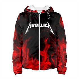 Женская куртка 3D с принтом METALLICA (НА СПИНЕ) в городе Новоалтайск, ткань верха — 100% полиэстер, подклад — флис | прямой крой, подол и капюшон оформлены резинкой с фиксаторами, два кармана без застежек по бокам, один большой потайной карман на груди. Карман на груди застегивается на липучку | Тематика изображения на принте: fire | flame | metallica | металлика | огонь | пламя