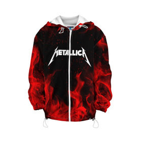 Детская куртка 3D с принтом METALLICA (НА СПИНЕ) в городе Новоалтайск, 100% полиэстер | застежка — молния, подол и капюшон оформлены резинкой с фиксаторами, по бокам — два кармана без застежек, один потайной карман на груди, плотность верхнего слоя — 90 г/м2; плотность флисового подклада — 260 г/м2 | Тематика изображения на принте: fire | flame | metallica | металлика | огонь | пламя