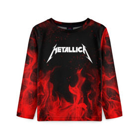 Детский лонгслив 3D с принтом METALLICA (НА СПИНЕ) в городе Новоалтайск, 100% полиэстер | длинные рукава, круглый вырез горловины, полуприлегающий силуэт
 | Тематика изображения на принте: fire | flame | metallica | металлика | огонь | пламя