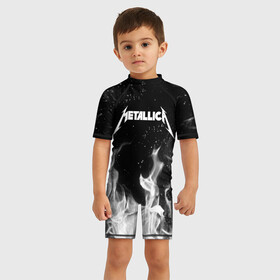 Детский купальный костюм 3D с принтом METALLICA (НА СПИНЕ) в городе Новоалтайск, Полиэстер 85%, Спандекс 15% | застежка на молнии на спине | fire | flame | metallica | металлика | огонь | пламя