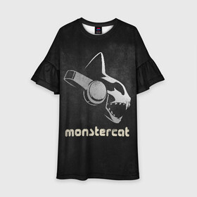 Детское платье 3D с принтом Monstercat в городе Новоалтайск, 100% полиэстер | прямой силуэт, чуть расширенный к низу. Круглая горловина, на рукавах — воланы | Тематика изображения на принте: monstercat | клуб | клубная музыка | кот | котенок | кошка | лейбл | монстар | монстар кет | монстер | музыка | танцевальная музыка | электронная | электронная музыка