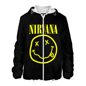 Мужская куртка 3D с принтом NIRVANA в городе Новоалтайск, ткань верха — 100% полиэстер, подклад — флис | прямой крой, подол и капюшон оформлены резинкой с фиксаторами, два кармана без застежек по бокам, один большой потайной карман на груди. Карман на груди застегивается на липучку | Тематика изображения на принте: nirvana | smile | курт кобейн | нирвана | смайл