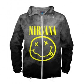 Мужская ветровка 3D с принтом NIRVANA в городе Новоалтайск, 100% полиэстер | подол и капюшон оформлены резинкой с фиксаторами, два кармана без застежек по бокам, один потайной карман на груди | Тематика изображения на принте: nirvana | smile | курт кобейн | нирвана | смайл