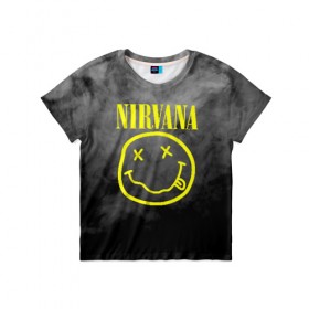 Детская футболка 3D с принтом NIRVANA в городе Новоалтайск, 100% гипоаллергенный полиэфир | прямой крой, круглый вырез горловины, длина до линии бедер, чуть спущенное плечо, ткань немного тянется | Тематика изображения на принте: nirvana | smile | курт кобейн | нирвана | смайл