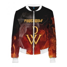 Женский бомбер 3D с принтом POWERWOLF в городе Новоалтайск, 100% полиэстер | застегивается на молнию, по бокам два кармана без застежек, мягкие манжеты, по низу бомбера и на воротнике — эластичная резинка | powerwolf | wolf | метал | пауэр метал. | повервольф | поверфульф | рок | хэви металб