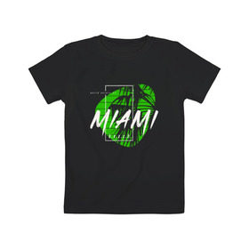 Детская футболка хлопок с принтом Miami beach в городе Новоалтайск, 100% хлопок | круглый вырез горловины, полуприлегающий силуэт, длина до линии бедер | Тематика изображения на принте: beach | miami | летняя | лето | майами | маями | отдых | отпуск | пальмы | пляж
