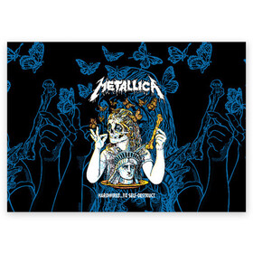 Поздравительная открытка с принтом Metallica  в городе Новоалтайск, 100% бумага | плотность бумаги 280 г/м2, матовая, на обратной стороне линовка и место для марки
 | american | bone | butterflies | death | fly | girl | head | james hetfield | kirk hammett | metal band | metallica | music | plate | rock | skull | statue of liberty | американская | бабочки | голова | девушка | держит | кость | кушает | летают | металлик