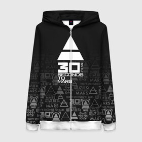Женская толстовка 3D на молнии с принтом 30 SECONDS TO MARS в городе Новоалтайск, 100% полиэстер | длина до линии бедра, манжеты и пояс оформлены мягкой тканевой резинкой, двухслойный капюшон со шнурком для регулировки, спереди молния, по бокам два кармана | 30 seconds to mars | 30 секунд до марса | jared leto | music | rock | thirty seconds to mars | джаред лето | музыка | рок