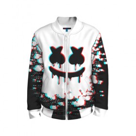 Детский бомбер 3D с принтом MARSHMELLO GLITCH в городе Новоалтайск, 100% полиэстер | застегивается на молнию, по бокам два кармана без застежек, мягкие манжеты, по низу бомбера и на воротнике — эластичная резинка | america | dj | glitch | marshmello | usa | америка | глитч | маршмелло