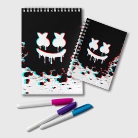 Блокнот с принтом MARSHMELLO GLITCH в городе Новоалтайск, 100% бумага | 48 листов, плотность листов — 60 г/м2, плотность картонной обложки — 250 г/м2. Листы скреплены удобной пружинной спиралью. Цвет линий — светло-серый
 | america | dj | glitch | marshmello | usa | америка | глитч | маршмелло