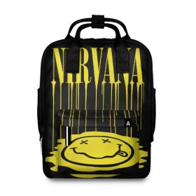 Женский рюкзак 3D с принтом Nirvana в городе Новоалтайск, 100% полиэстер | лямки с регулируемой длиной, сверху ручки, чтобы рюкзак нести как сумку. Основное отделение закрывается на молнию, как и внешний карман. Внутри два дополнительных кармана, один из которых закрывается на молнию. По бокам два дополнительных кармашка, куда поместится маленькая бутылочка
 | Тематика изображения на принте: bleach | blew | cobain | dave | geffen | hormoaning | in utero | incesticide | krist | kurt | nevermind | nirvana | novoselic | rock | vevo | геффен | курт кобейн | нирвана | рок