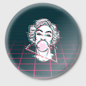 Значок с принтом blowing bubble gum glitch в городе Новоалтайск,  металл | круглая форма, металлическая застежка в виде булавки | blowing | bubble gum | абстракция | глитч | девушка | жвачка | линии | мода | психоделика | пузырь