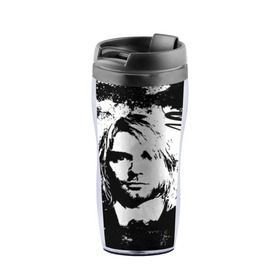 Термокружка-непроливайка с принтом Kurt Cobain в городе Новоалтайск, внутренняя часть — пищевой пластик, наружная часть — прозрачный пластик, между ними — полиграфическая вставка с рисунком | объем — 350 мл, герметичная крышка | Тематика изображения на принте: bleach | blew | cobain | dave | geffen | hormoaning | in utero | incesticide | krist | kurt | nevermind | nirvana | novoselic | rock | vevo | геффен | курт кобейн | нирвана | рок