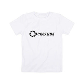 Детская футболка хлопок с принтом Aperture laboratorie (+ спина) в городе Новоалтайск, 100% хлопок | круглый вырез горловины, полуприлегающий силуэт, длина до линии бедер | Тематика изображения на принте: aperture | chell | half life | головоломка | испытуемый | портал | телепорт | челл