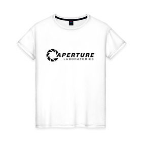 Женская футболка хлопок с принтом Aperture laboratorie (+ спина) в городе Новоалтайск, 100% хлопок | прямой крой, круглый вырез горловины, длина до линии бедер, слегка спущенное плечо | Тематика изображения на принте: aperture | chell | half life | головоломка | испытуемый | портал | телепорт | челл
