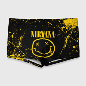 Мужские купальные плавки 3D с принтом NIRVANA | НИРВАНА в городе Новоалтайск, Полиэстер 85%, Спандекс 15% |  | Тематика изображения на принте: nirvana | smile | курт кобейн | нирвана | смайл