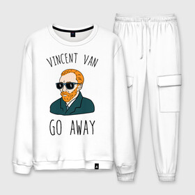 Мужской костюм хлопок с принтом Vincent Van Go Away в городе Новоалтайск, 100% хлопок | на свитшоте круглая горловина, мягкая резинка по низу. Брюки заужены к низу, на них два вида карманов: два “обычных” по бокам и два объемных, с клапанами, расположенные ниже линии бедра. Брюки с мягкой трикотажной резинкой на поясе и по низу штанин. В поясе для дополнительного комфорта — широкие завязки | vincent van go away | vincent van gogh | винсант ван гог | винсент ван гог