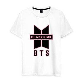 Мужская футболка хлопок с принтом BTS and BLACKPINK в городе Новоалтайск, 100% хлопок | прямой крой, круглый вырез горловины, длина до линии бедер, слегка спущенное плечо. | bangtan boys | black | blackpink | bt21 | bts | k pop | pink | rose | блек пинк | блекпинк | блэк пинк | блэкпинк | бтс