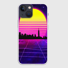 Чехол для iPhone 13 mini с принтом ГОРОД В НЕОНЕ в городе Новоалтайск,  |  | bright | colorful | cool | disco | music | music lover | retro | speaker | tape recorder | technique | vintage | винтаж | динамик | диско | магнитофон | меломан | музыка | неон | разноцветный | ретро | техника