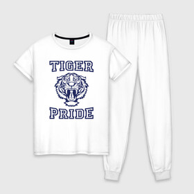 Женская пижама хлопок с принтом Tiger pride в городе Новоалтайск, 100% хлопок | брюки и футболка прямого кроя, без карманов, на брюках мягкая резинка на поясе и по низу штанин | Тематика изображения на принте: 13 reasons why | 13 причин почему | netflix | алекс | брайс уокер | джастин фоули | джессика дэвис | зак | клэй дженсен | нетфликс | тайлер доун | тони падилья | ханна бейкер