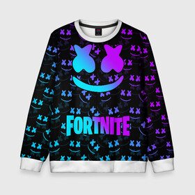 Детский свитшот 3D с принтом FORTNITE x MARSHMELLO NEON  в городе Новоалтайск, 100% полиэстер | свободная посадка, прямой крой, мягкая тканевая резинка на рукавах и понизу свитшота | Тематика изображения на принте: 2019 | armor | armour | cybersport | esport | fortnite | game | llama | logo | броня | игра | киберспорт | лама | фиолетовый | фирменные цвета | фортнайт