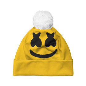 Шапка 3D c помпоном с принтом MARSHMELLO HAPPIER в городе Новоалтайск, 100% полиэстер | универсальный размер, печать по всей поверхности изделия | america | dj | marshmello | usa | америка | маршмелло