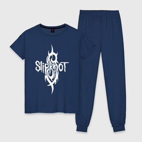 Женская пижама хлопок с принтом SLIPKNOT в городе Новоалтайск, 100% хлопок | брюки и футболка прямого кроя, без карманов, на брюках мягкая резинка на поясе и по низу штанин | corey taylor | mick thomson. | music | slipknot | we are not your kind | альтернативный метал | готик | грув метал | метал | музыка | ню метал | слипкнот | слипнот