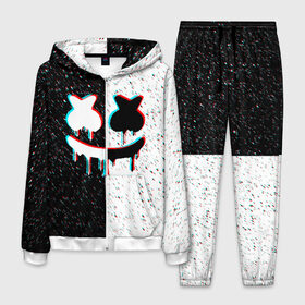 Мужской костюм 3D с принтом MARSHMELLO GLITCH в городе Новоалтайск, 100% полиэстер | Манжеты и пояс оформлены тканевой резинкой, двухслойный капюшон со шнурком для регулировки, карманы спереди | america | dj | marshmello | usa | америка | маршмелло